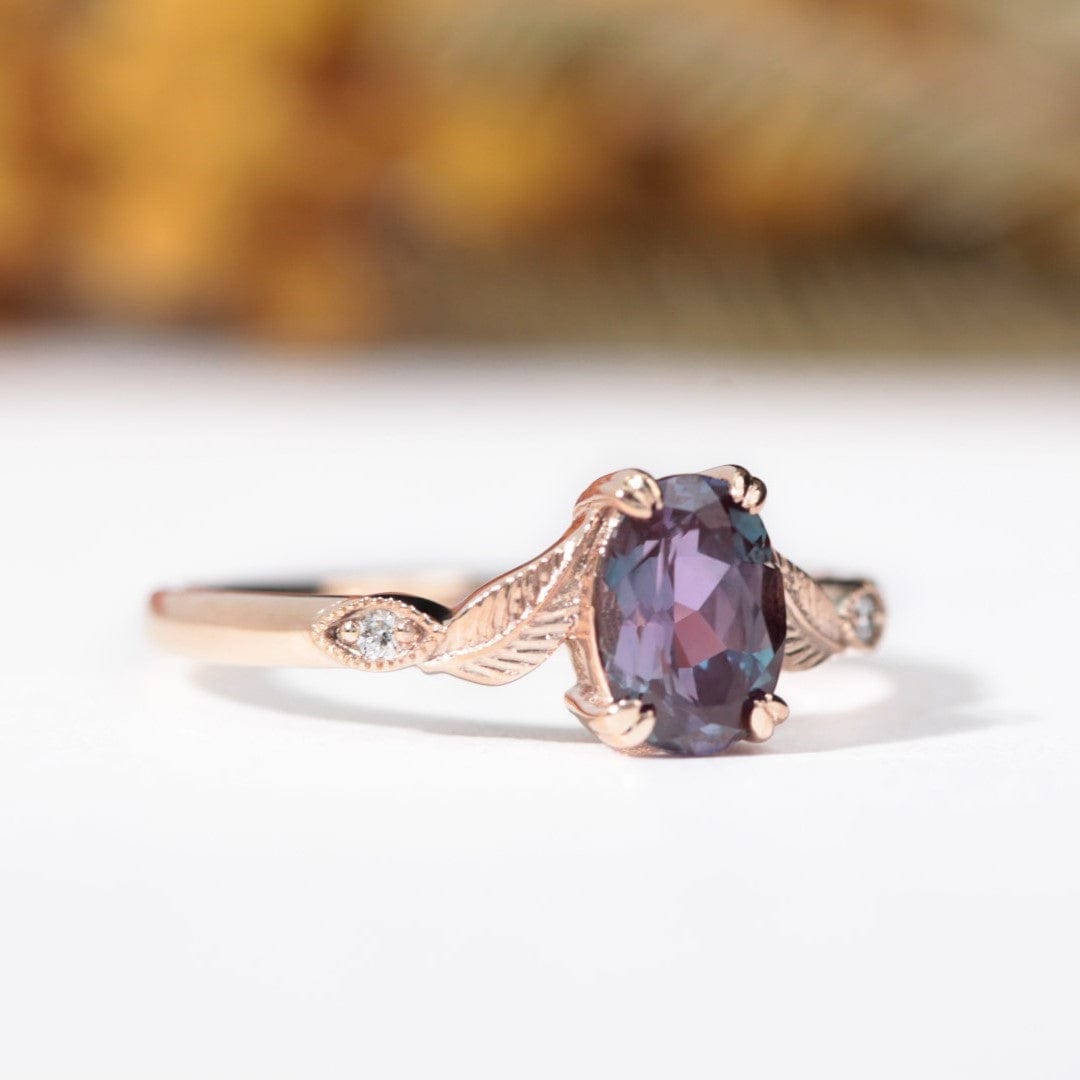 oval alexandrite leaf engagement ring