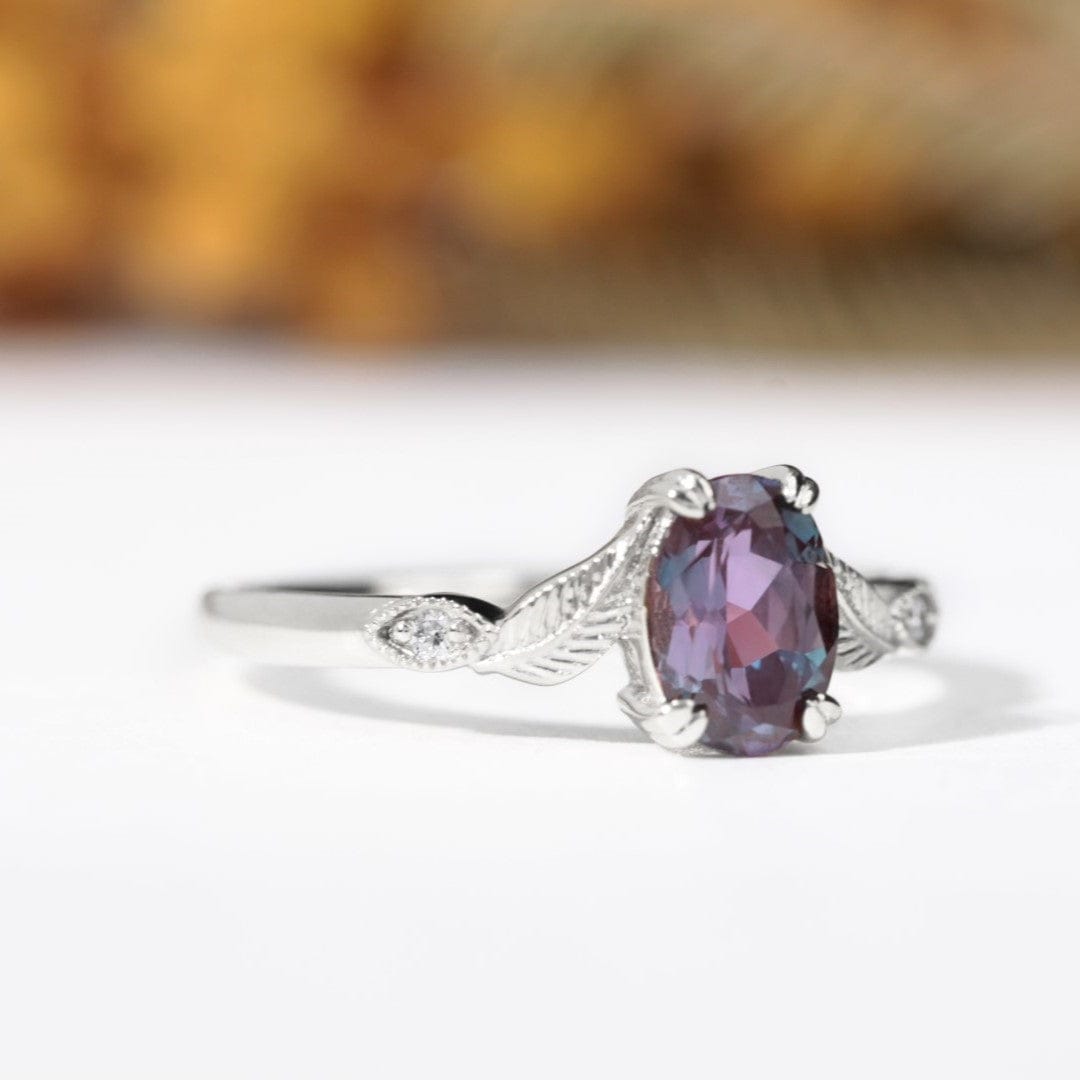 oval alexandrite leaf engagement ring