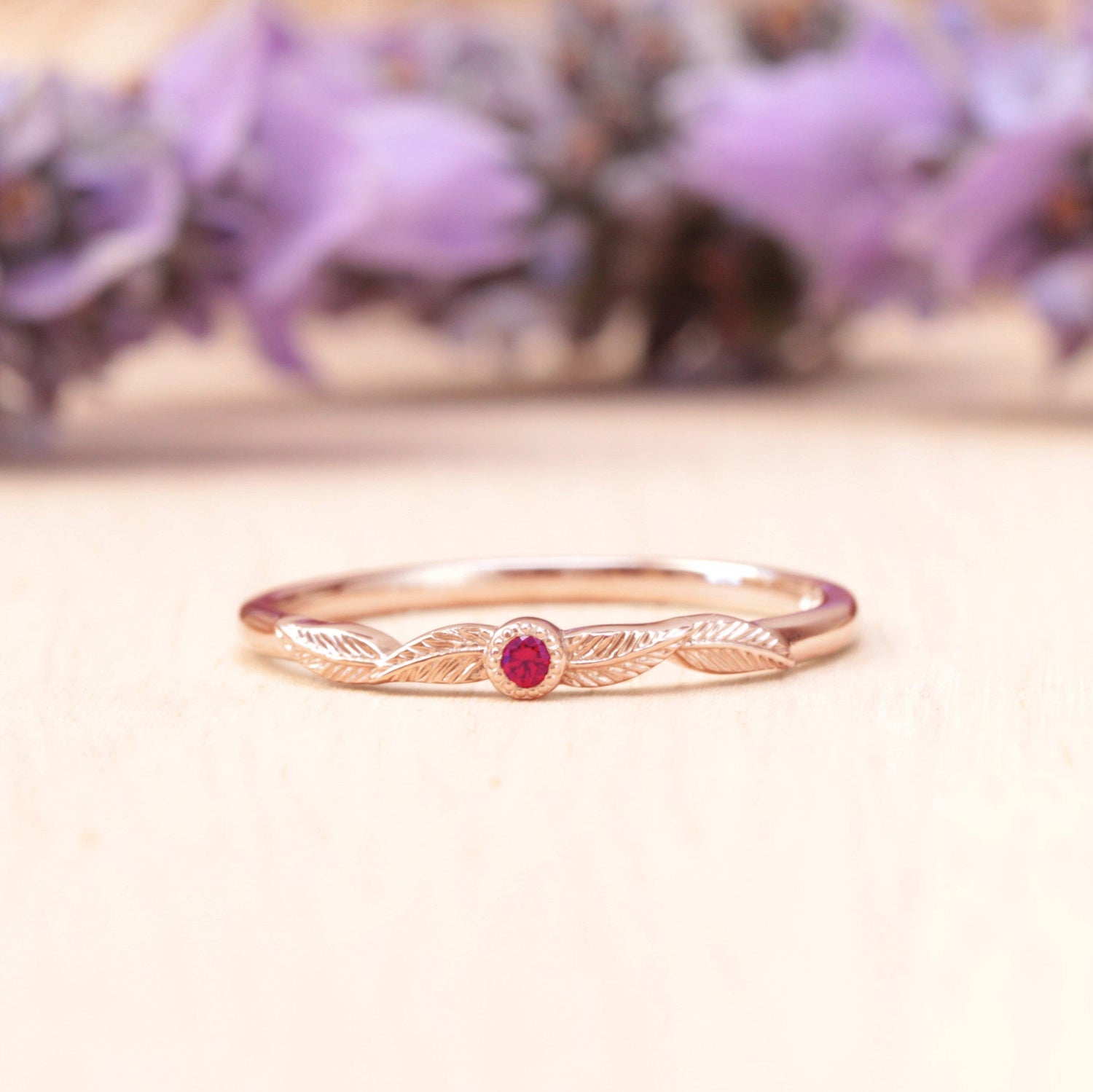 ruby pink lab birthstone leaf ring