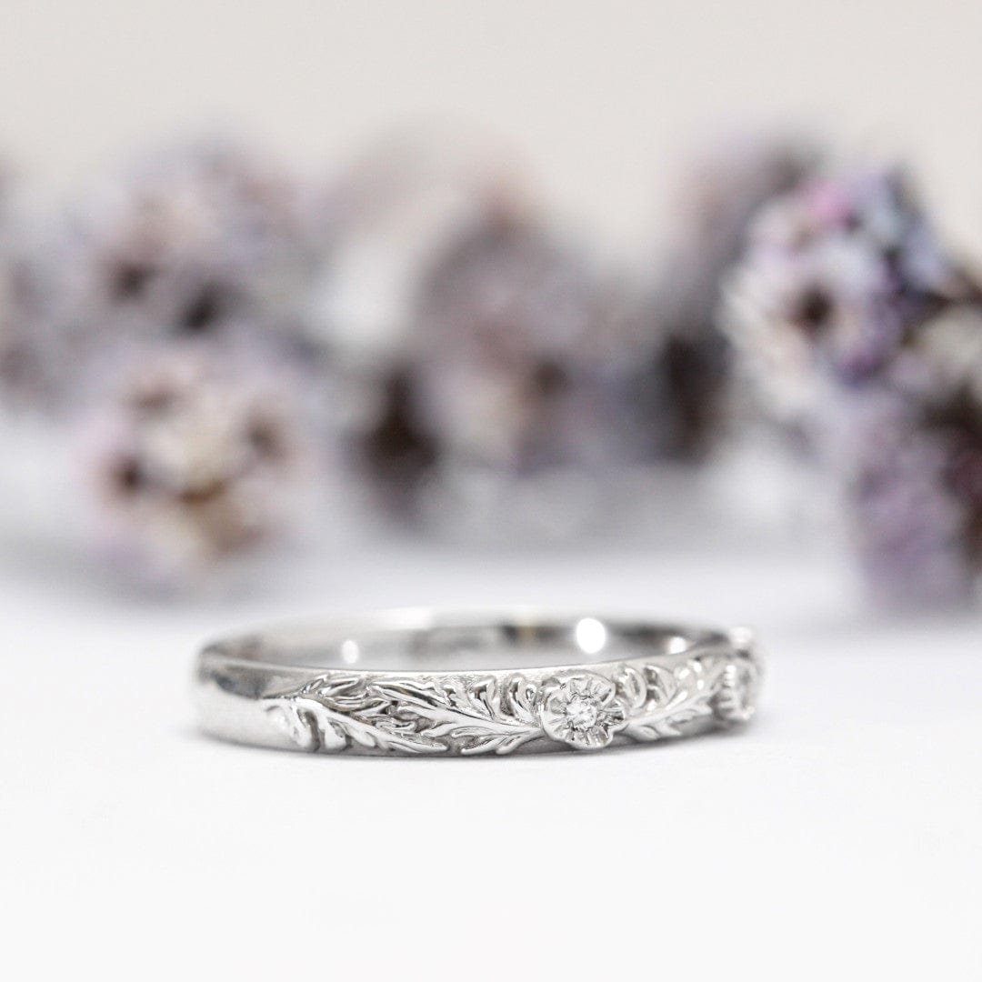 Diamond Trio Poppy Flower Leaf Wedding Band - Vinny & Charles
