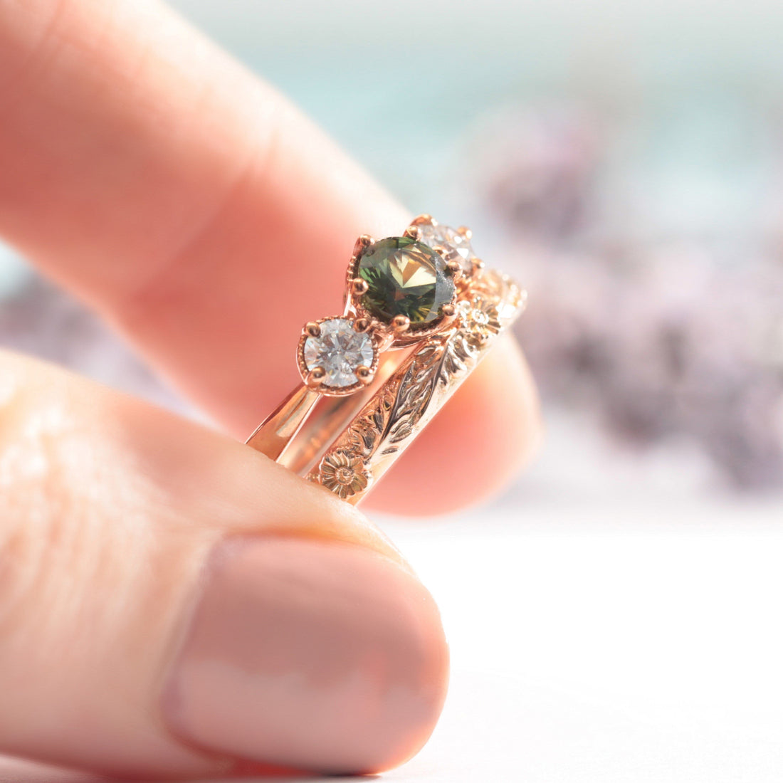 Duo Poppy Flower Leaf Wedding Band - Vinny & Charles