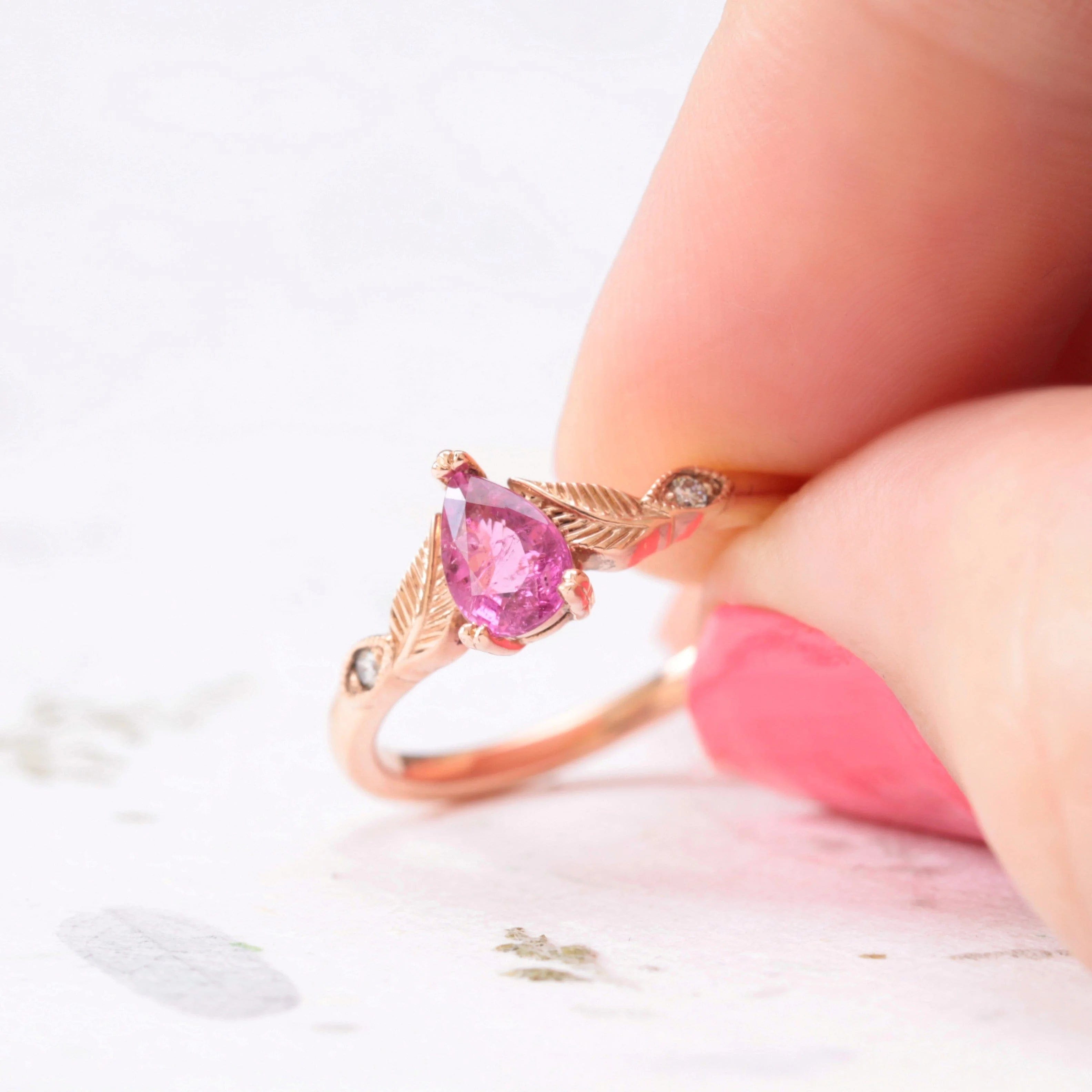 Rubellite Leaf Engagement Ring