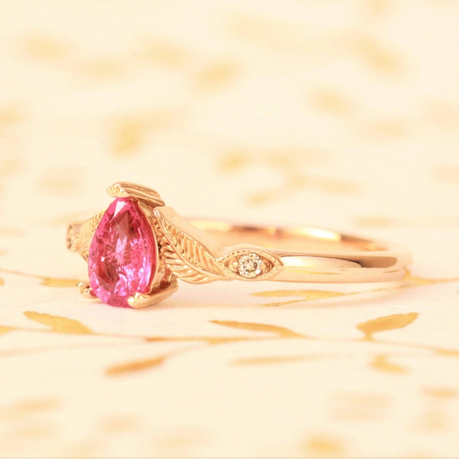 Rubellite Leaf Engagement Ring