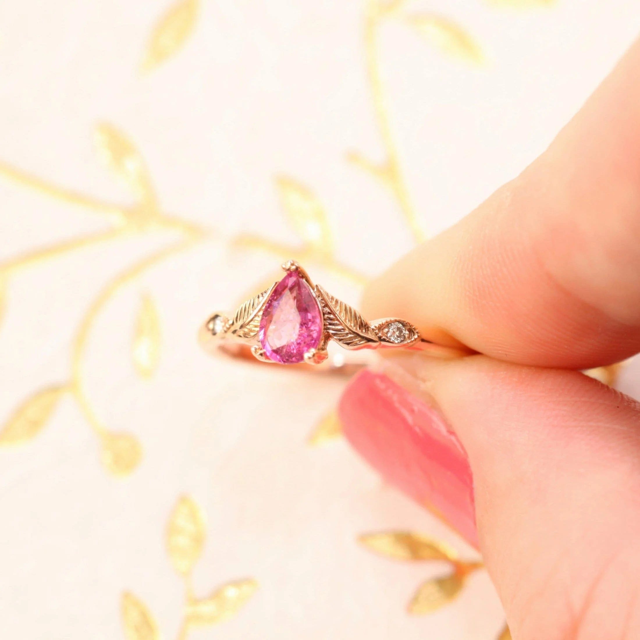 Rubellite Leaf Engagement Ring