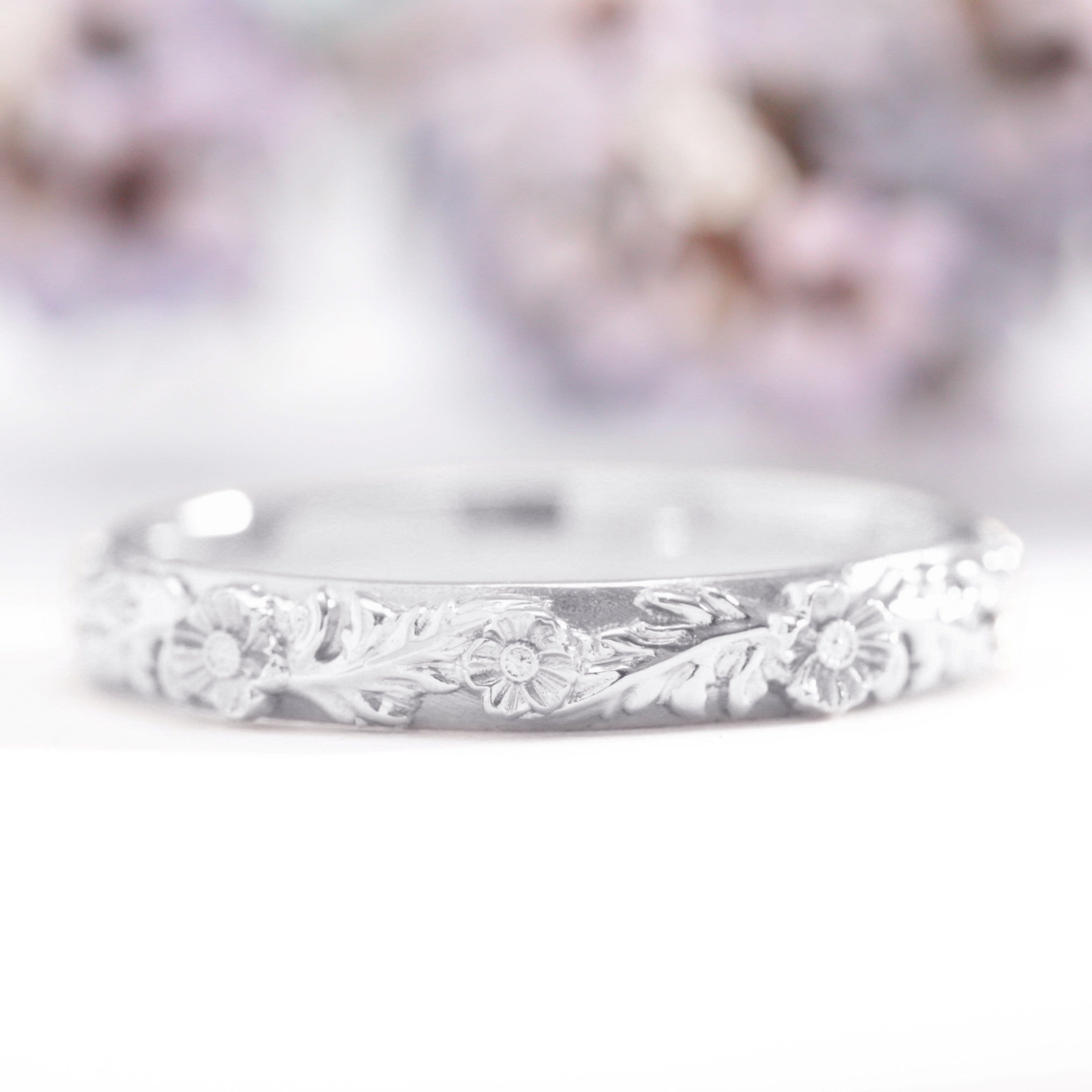 trio poppy flower leaf wedding band white gold