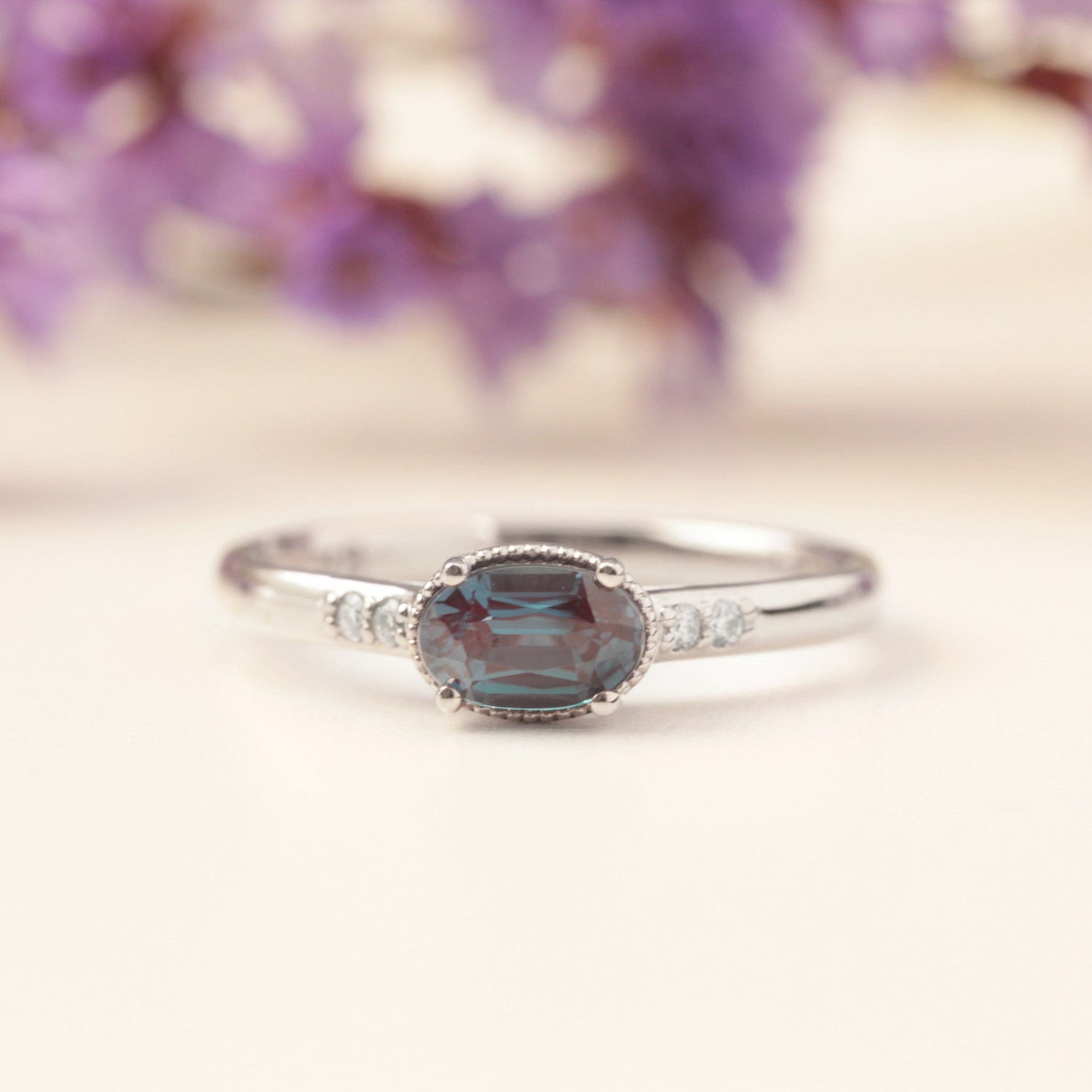 alexandrite and diamond engagement ring white gold