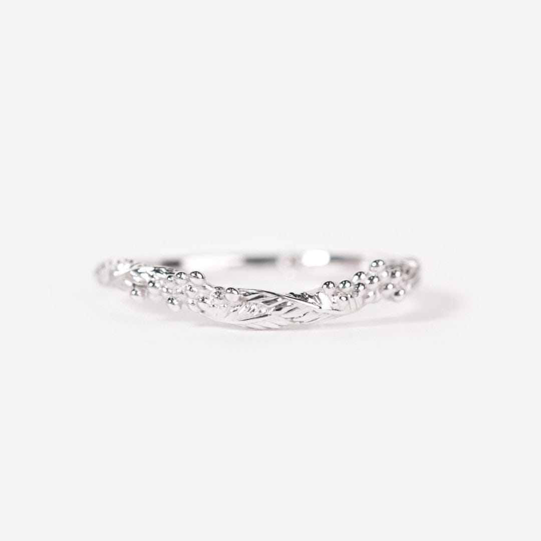 curved wattle leaf wedding ring white gold