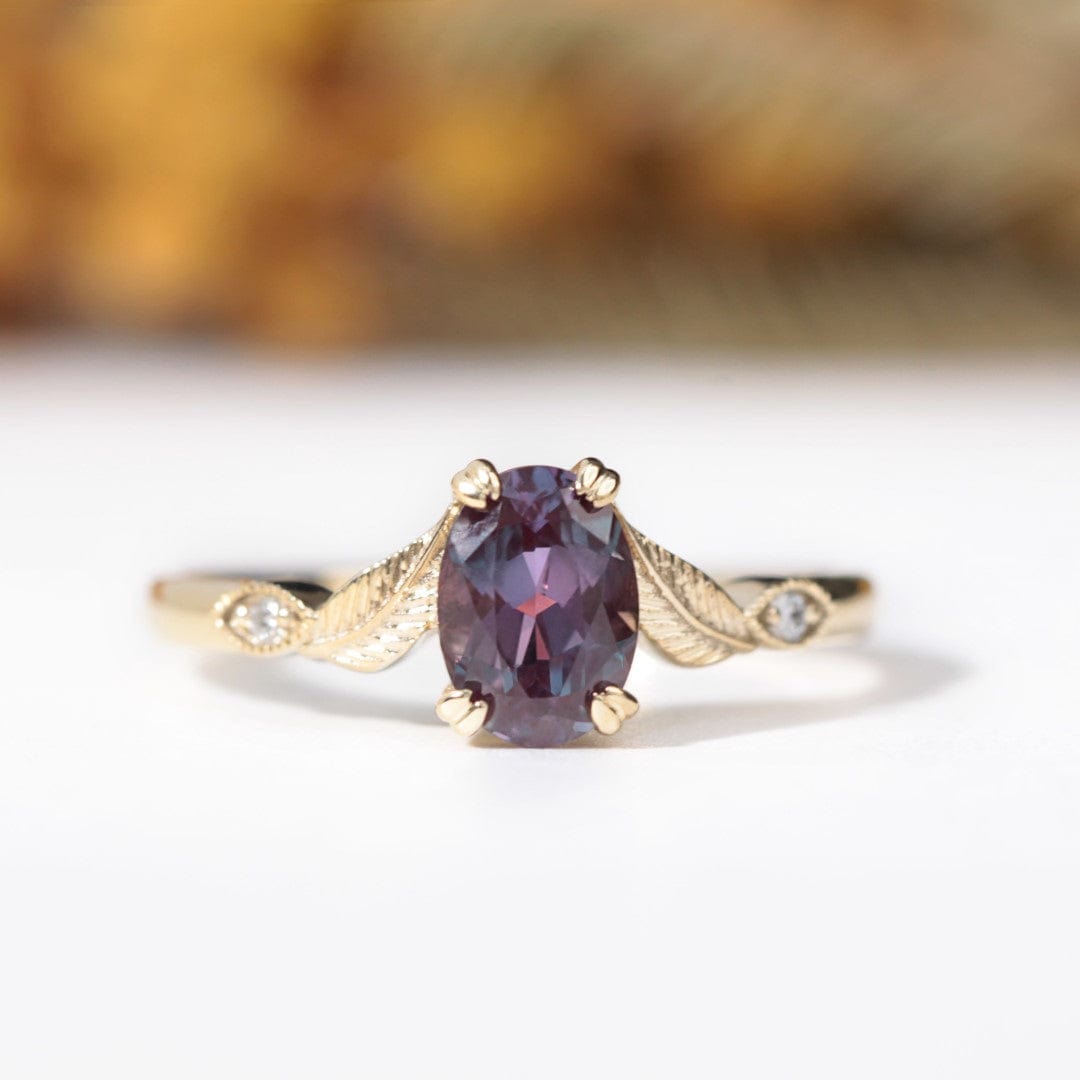 oval alexandrite and lab diamond engagement leaf ring