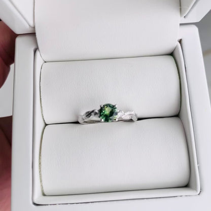 green sapphire diamond leaf engagement ring white gold