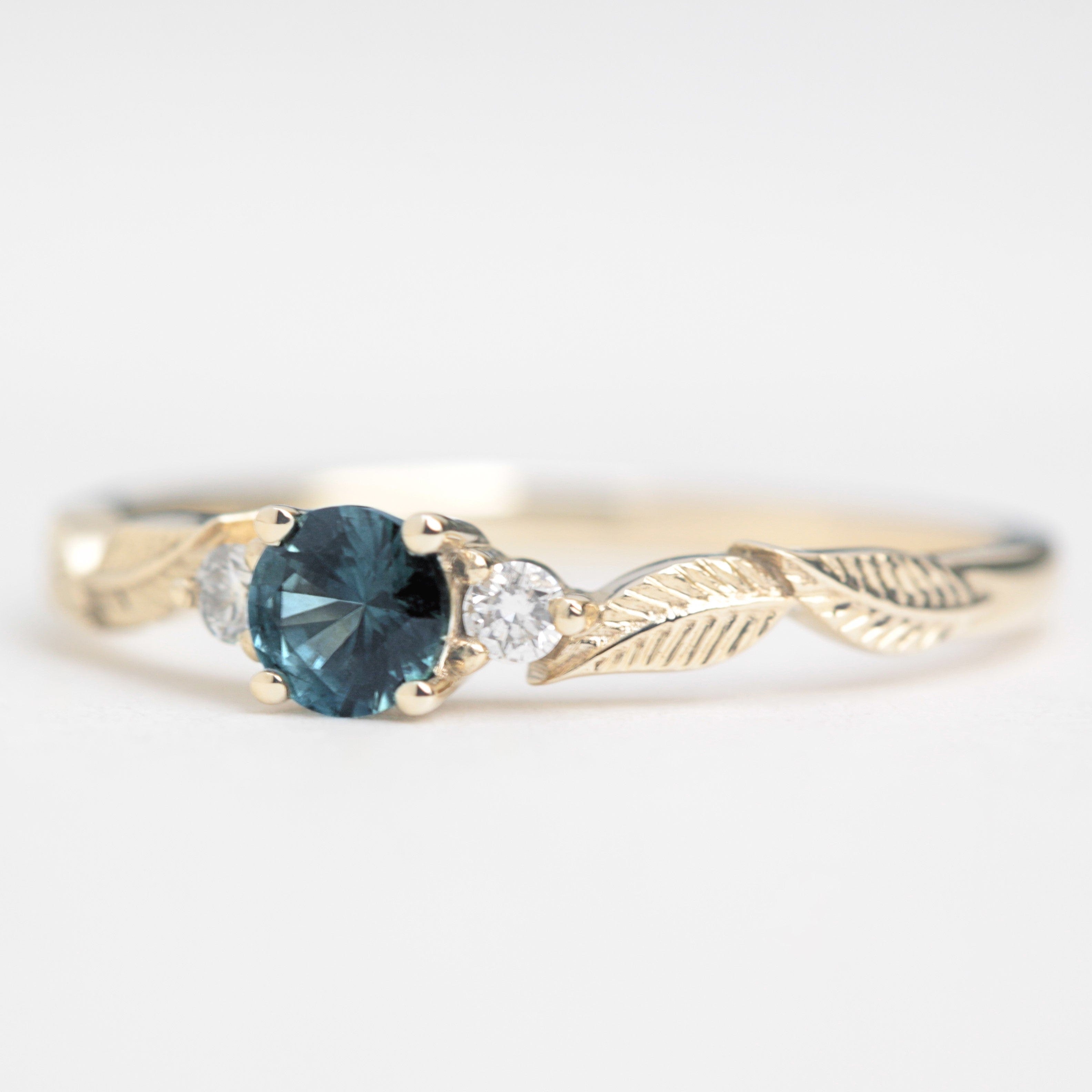 teal sapphire diamond leaf engagement ring yellow gold square