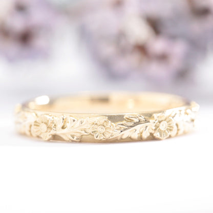 trio poppy flower leaf wedding band yellow gold