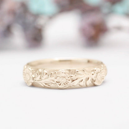 wide Poppy Leaf Wedding Ring yellow gold