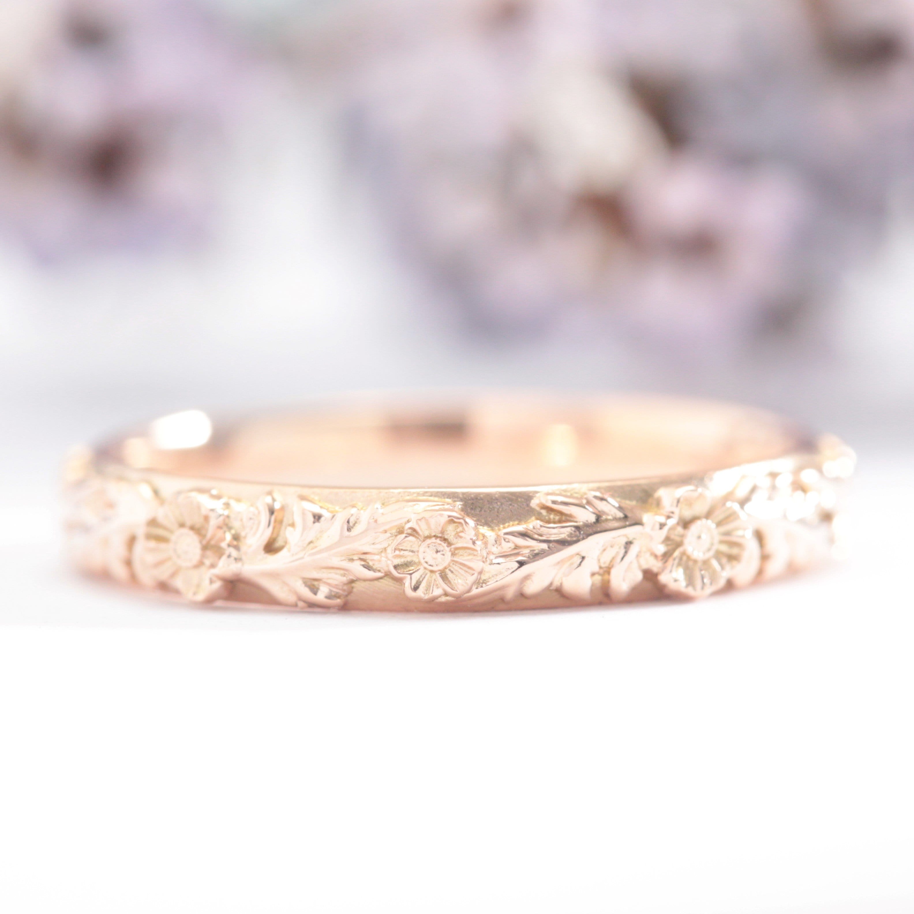 Trio Poppy Flower Leaf Wedding Band - Vinny &amp; Charles