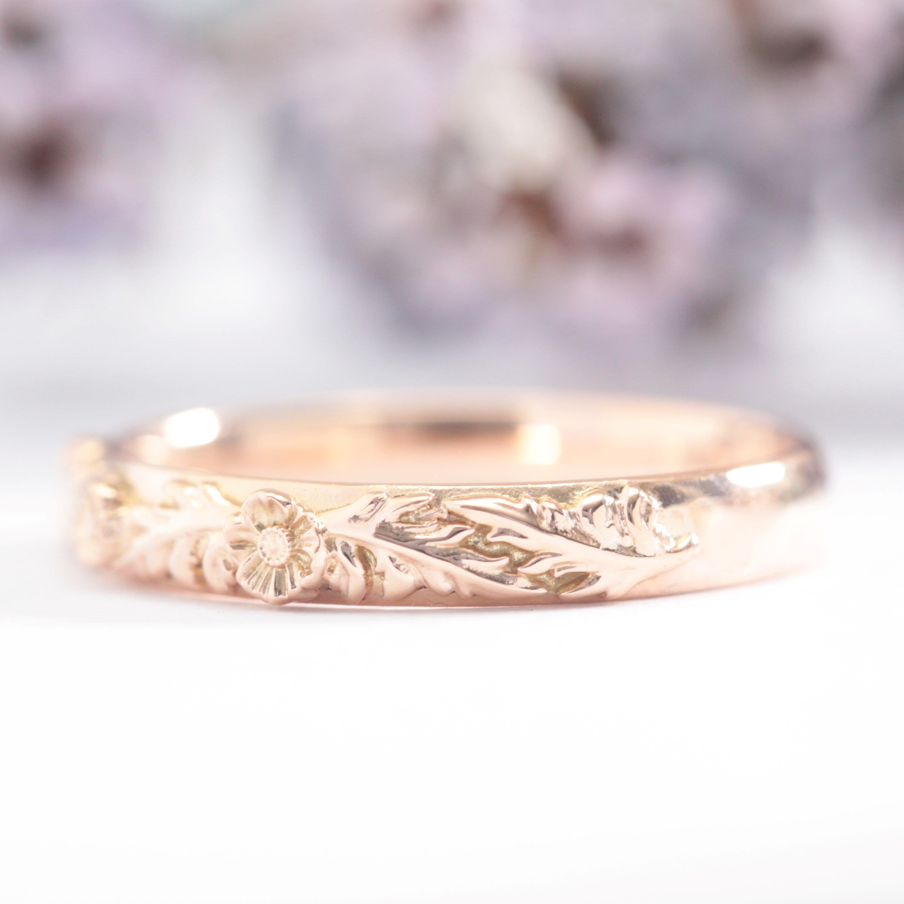 Trio Poppy Flower Leaf Wedding Band - Vinny &amp; Charles